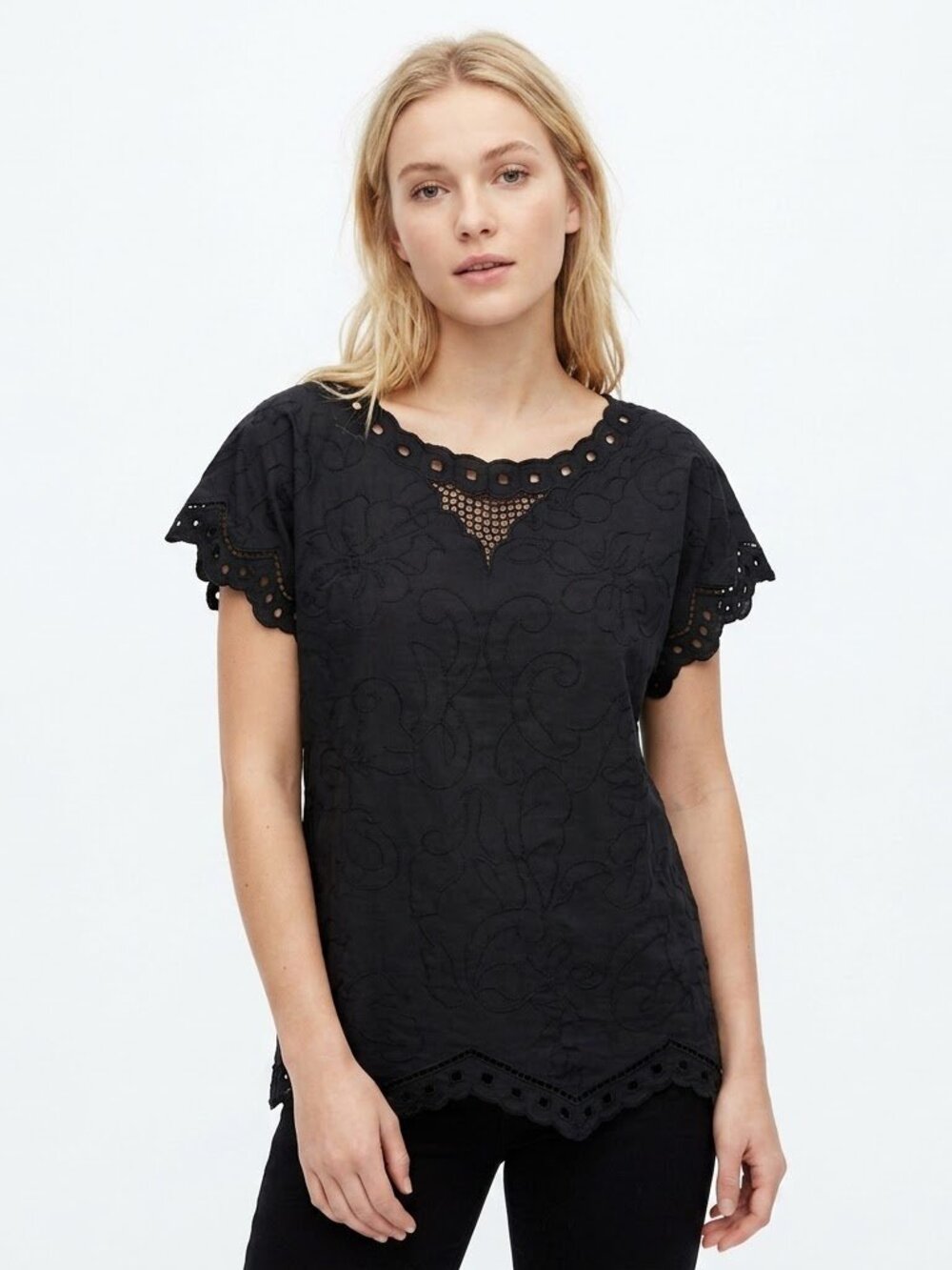 Vintage 80s Embroidered Eyelet Cutout Top Size Small Black Oversized Whimsy Goth